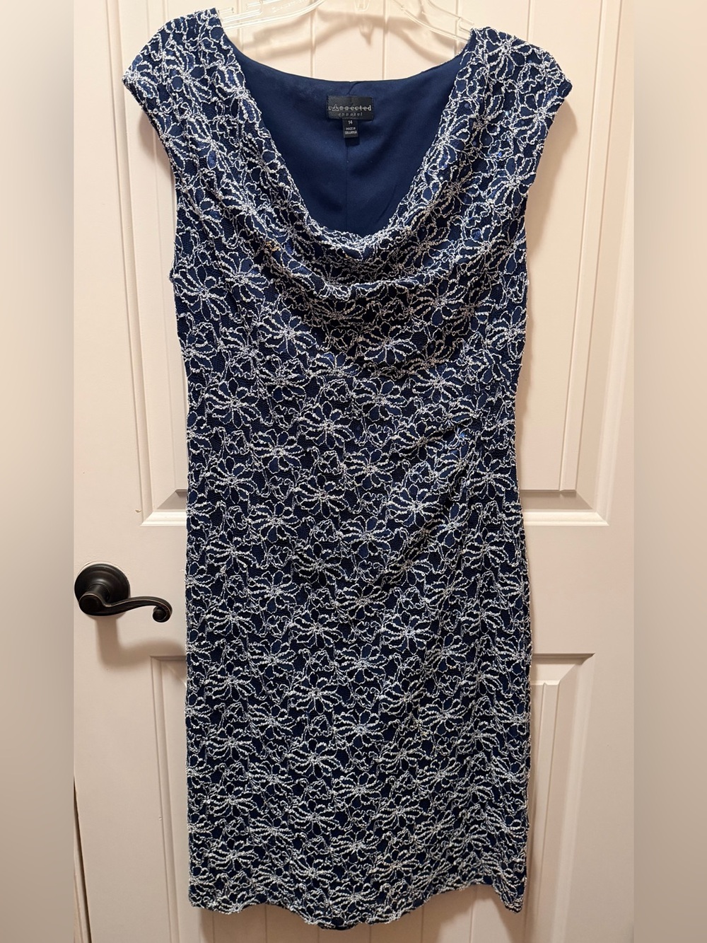 connected apparel Navy Dress with White Floral Lace with Scattered Blue Sequins